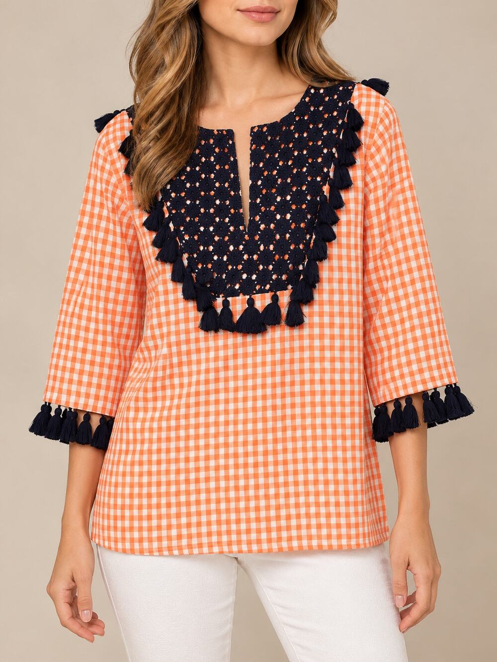Elisabeth Wilson Womens Blouse L Orange White Crochet Trim Tassel Gingham Boho